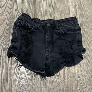 KanCan Quennie Distressed Shorts Raw Hem Mid-Rise Stretch Denim Black Size 26